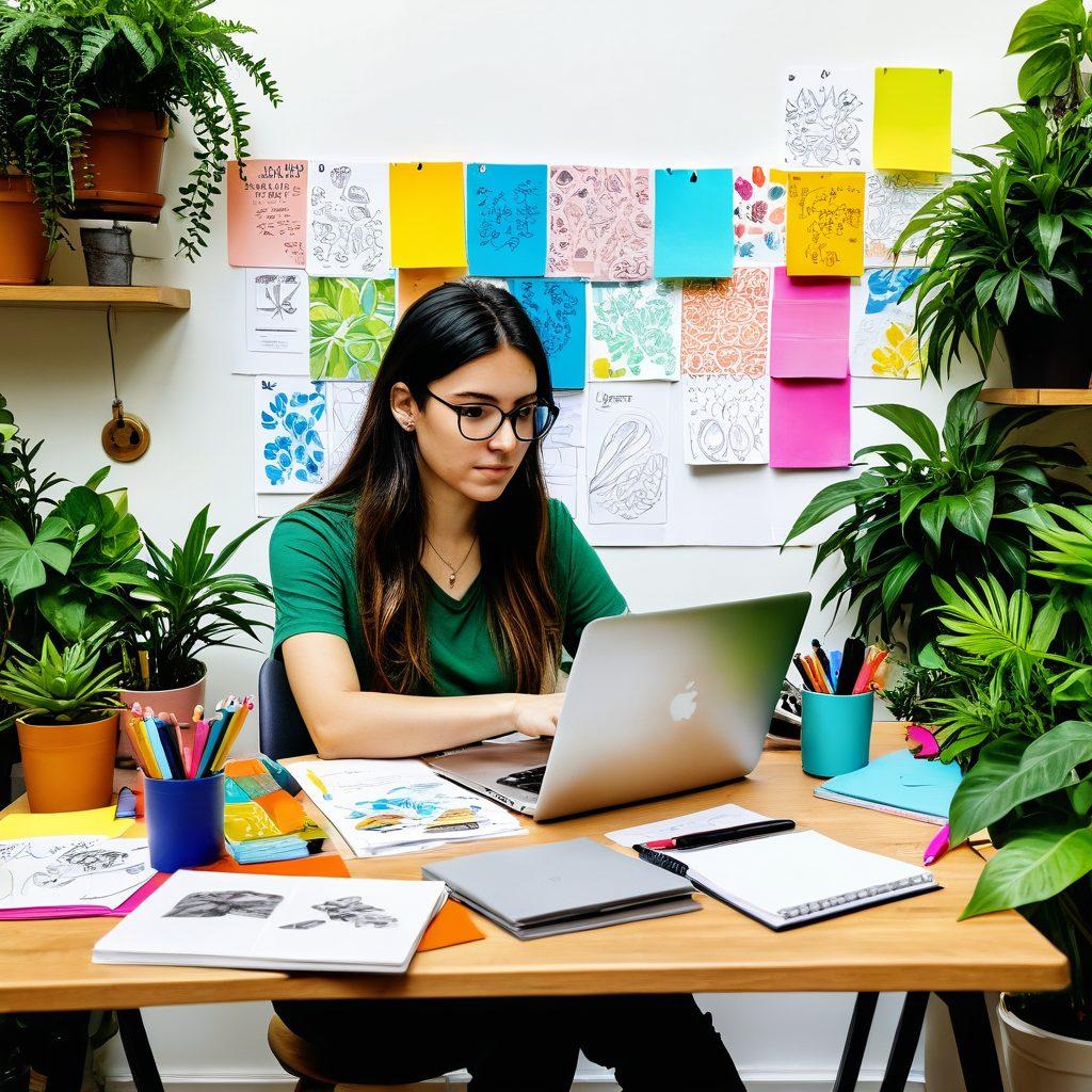 A person sitting at a desk surrounded by colorful notebooks, sketching ideas for a blog on a laptop, with vibrant post-it notes representing various niches and communities floating around. The background features a creative workspace filled with plants and art supplies, symbolizing inspiration and engagement. super-realistic. vibrant colors. inviting atmosphere.