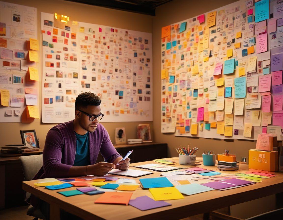 A dynamic scene where a person is transforming lifestyle content into insights, surrounded by books, digital screens, and engaging social media symbols. The background features a brainstorming board with colorful charts and notes illustrating thought leadership ideas. Include warm lighting for an inviting atmosphere. super-realistic. vibrant colors.