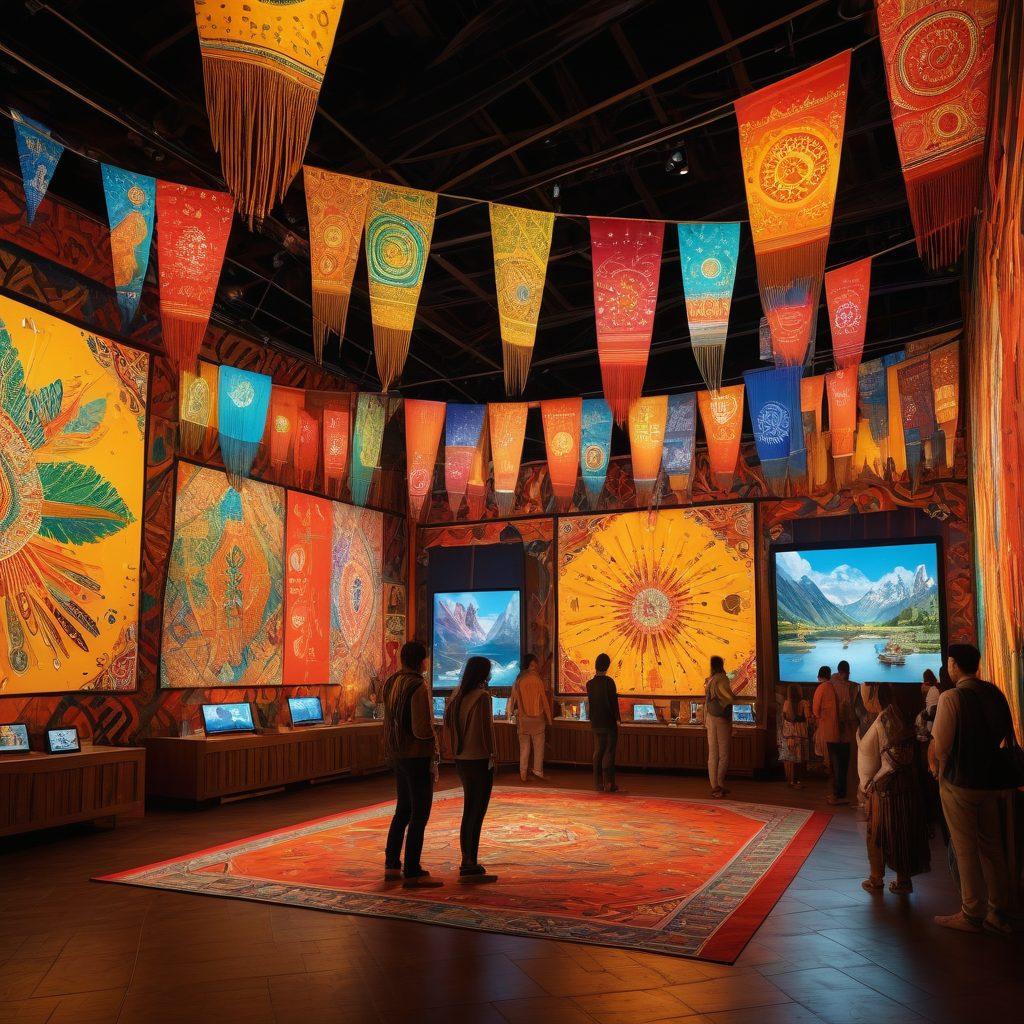 A vibrant digital landscape featuring a diverse group of people engaging in virtual storytelling, surrounded by symbols of different cultures and communities. The scene includes interactive screens displaying exciting content, with colorful digital connections visually linking individuals. The atmosphere is warm and inviting, conveying a sense of connection and engagement. super-realistic. vibrant colors. 3D.